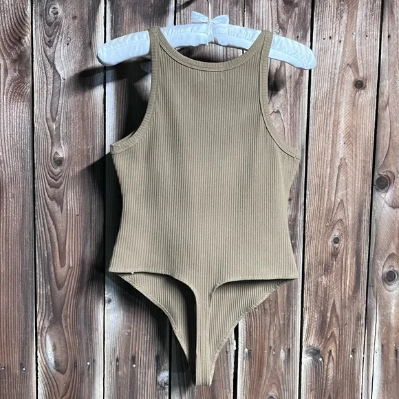 Good American Thong Tank Bodysuit Ribbed Khaki Forrest Green Brown High Leg Sz L - Picture 11 of 15